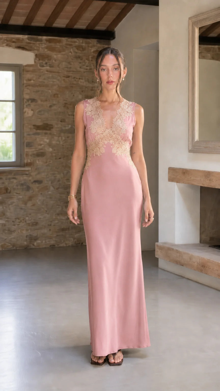 Elegant Contrast Lace Trim Sleeveless Satin Maxi Dress