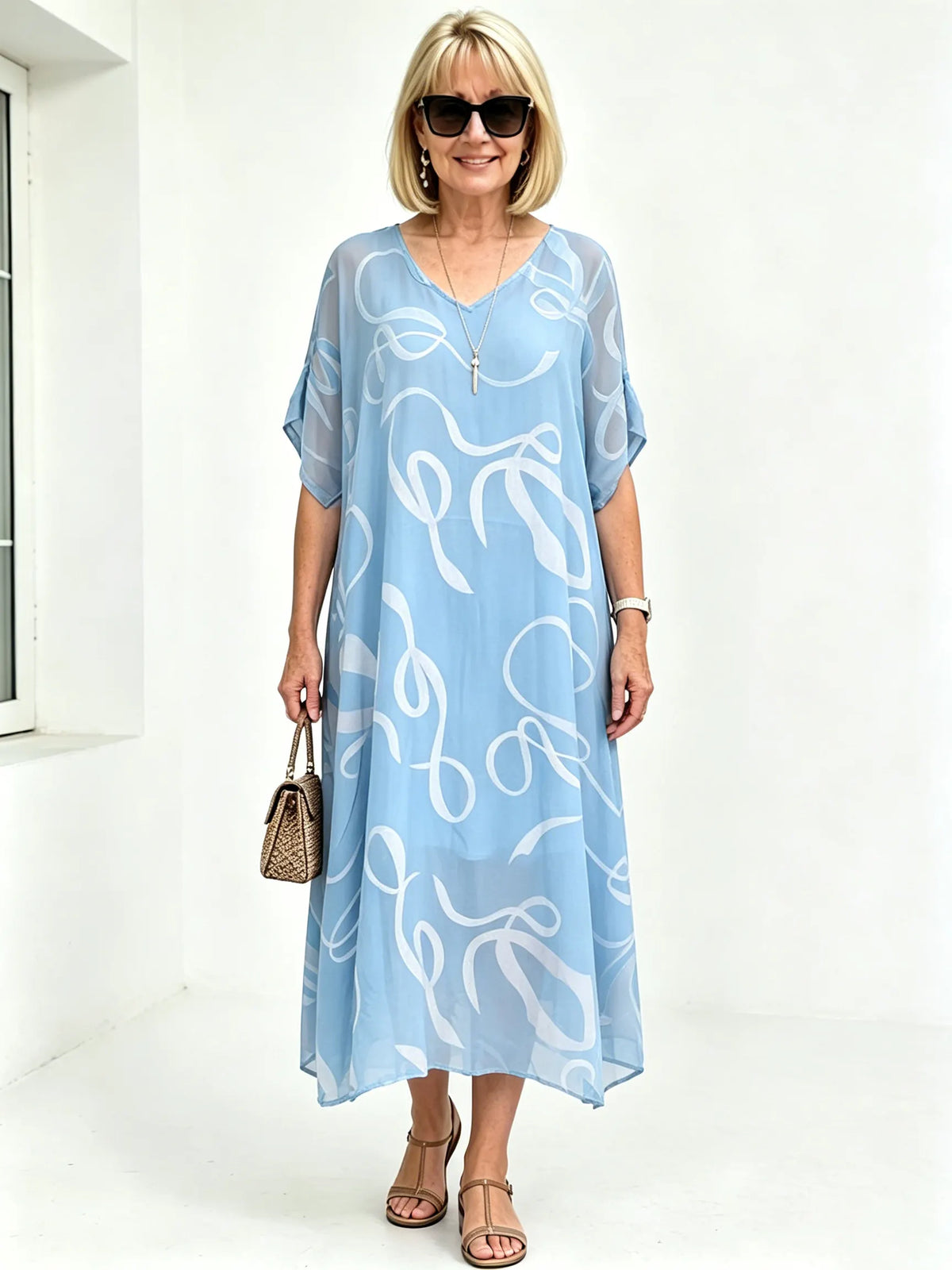 Black Abstract Print Chiffon Midi Dress, V-Neck Short Sleeve Loose Tummy Concealing Back Tie Vacation Dress for Mature Women