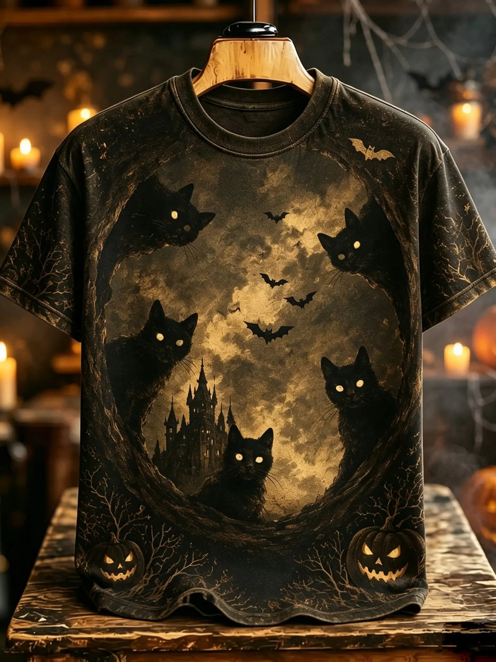 Men's Retro Halloween Cat Print T-shirt