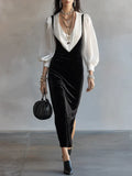 Black Velvet Slip Midi Dress & White Puff Sleeve Shirt Two-piece Set
