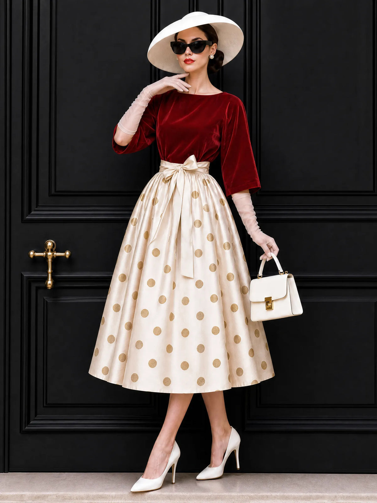 Vintage Polka Dot Velvet Panel Midi Dress