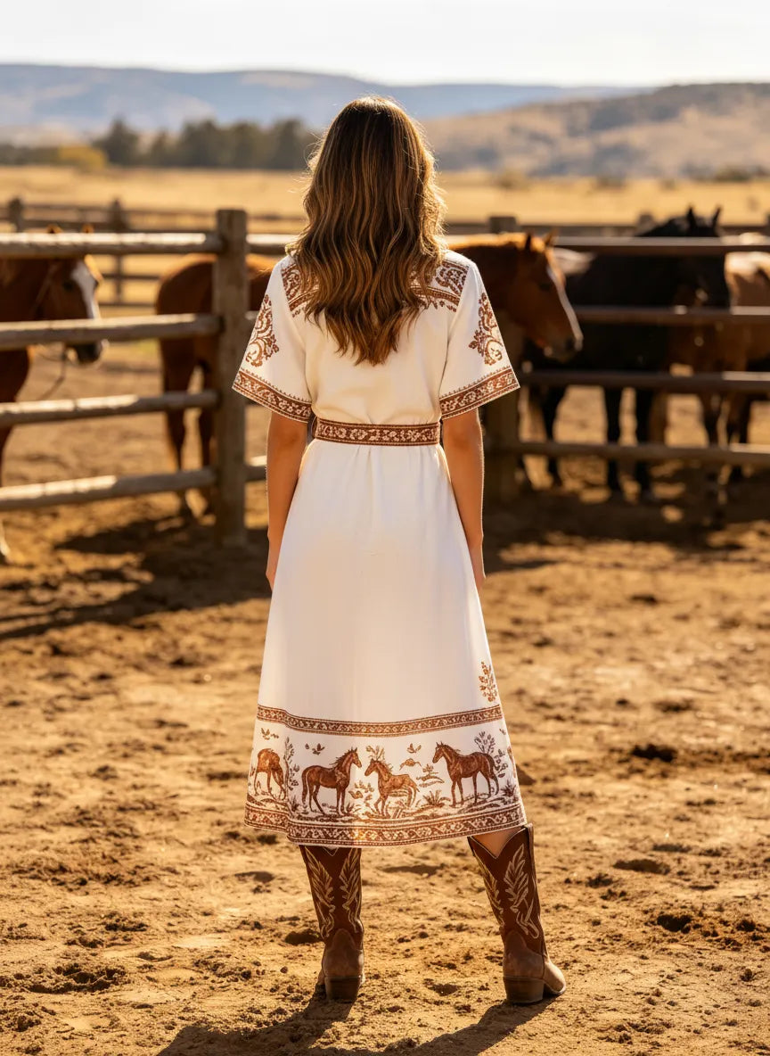 Women's Western Cowboy Cotton Printed Western-Style Midi Dress With Horse Pattern