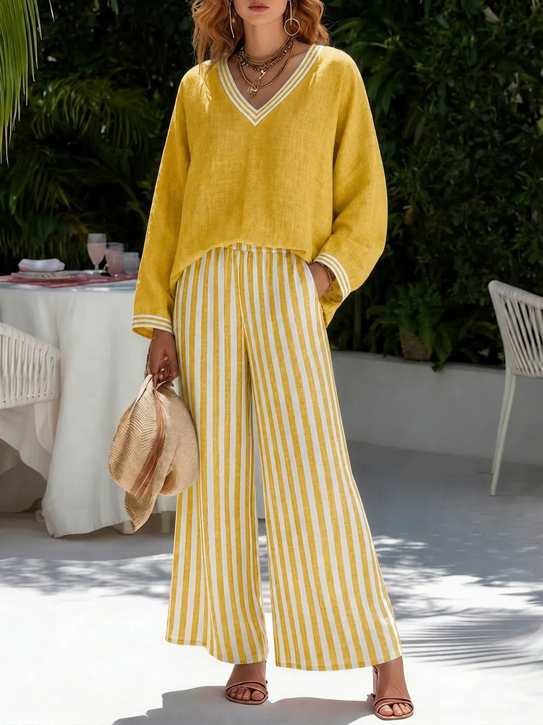 Women’s V-Neck Linen Blend Striped Two Piece Set