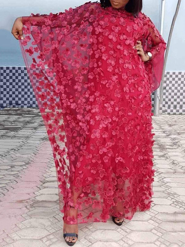 Round-Neck Loose H-Line Long Sleeve Applique See-Through Maxi Dress