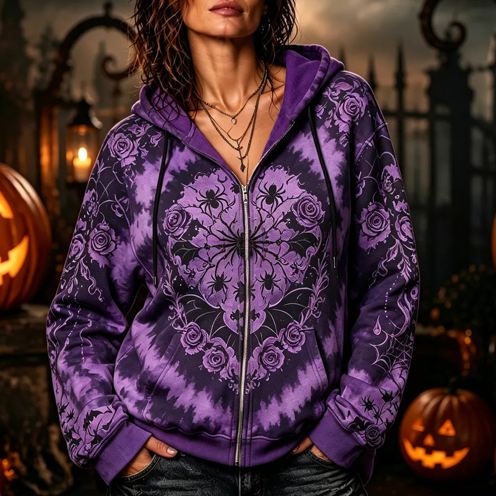 Women's Zip-up Hoodie Featuring Spiders, Roses, And Bat Motif