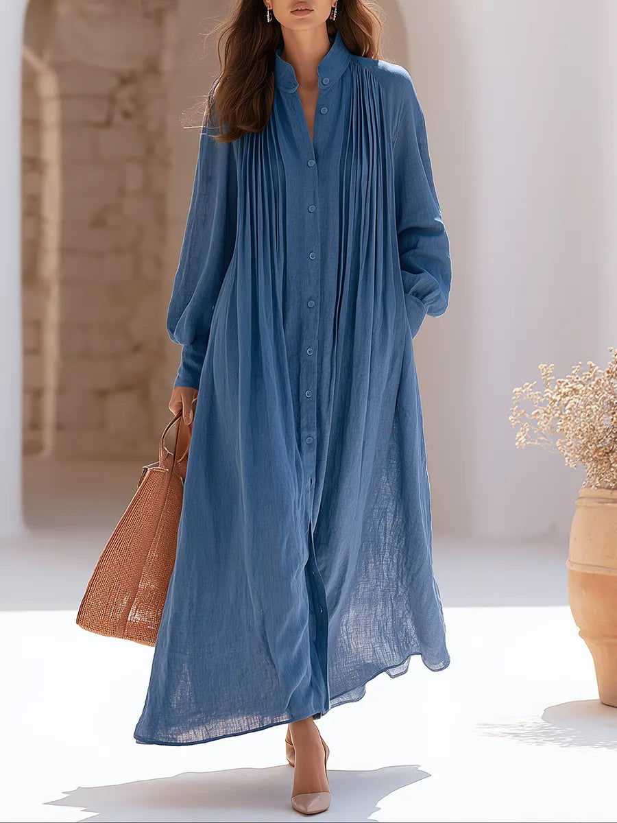Old Money Style Pleated Blue Cotton Shirt Maxi Dress