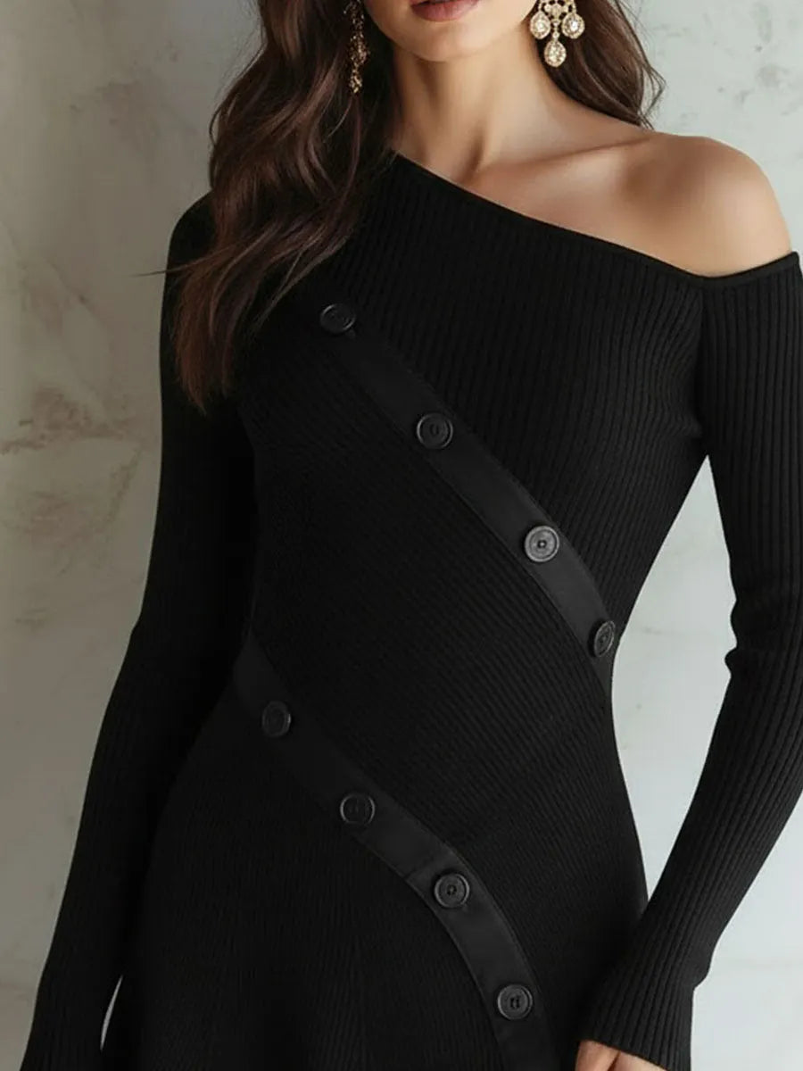 Asymmetric Off-Shoulder Black Ribbed Knit Mini Dress