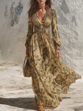 Resort-style V-neck Long-sleeved Abstract Print Maxi Dress