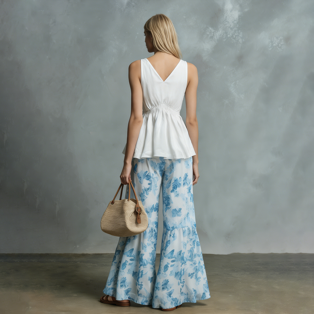 Western-style Vintage Chic Off-white Ruffled Sleeveless Chiffon Top And Striped Trousers Ensemble