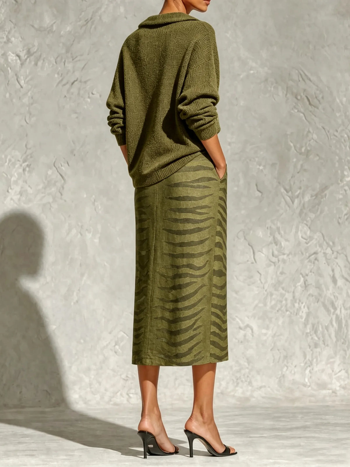 Olive Green Collar Knit Top And Zebra Linen Midi Skirt Two‑Piece Set