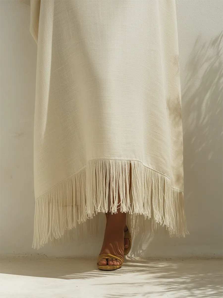Casual Bohemian Style Fringed V-neck Short-sleeved Beige Maxi Dress