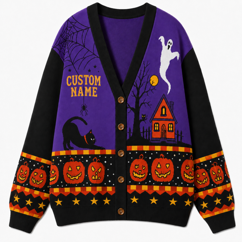 Chaotic Club Personalized Spooky Night Black Cat Ghost Cardigan