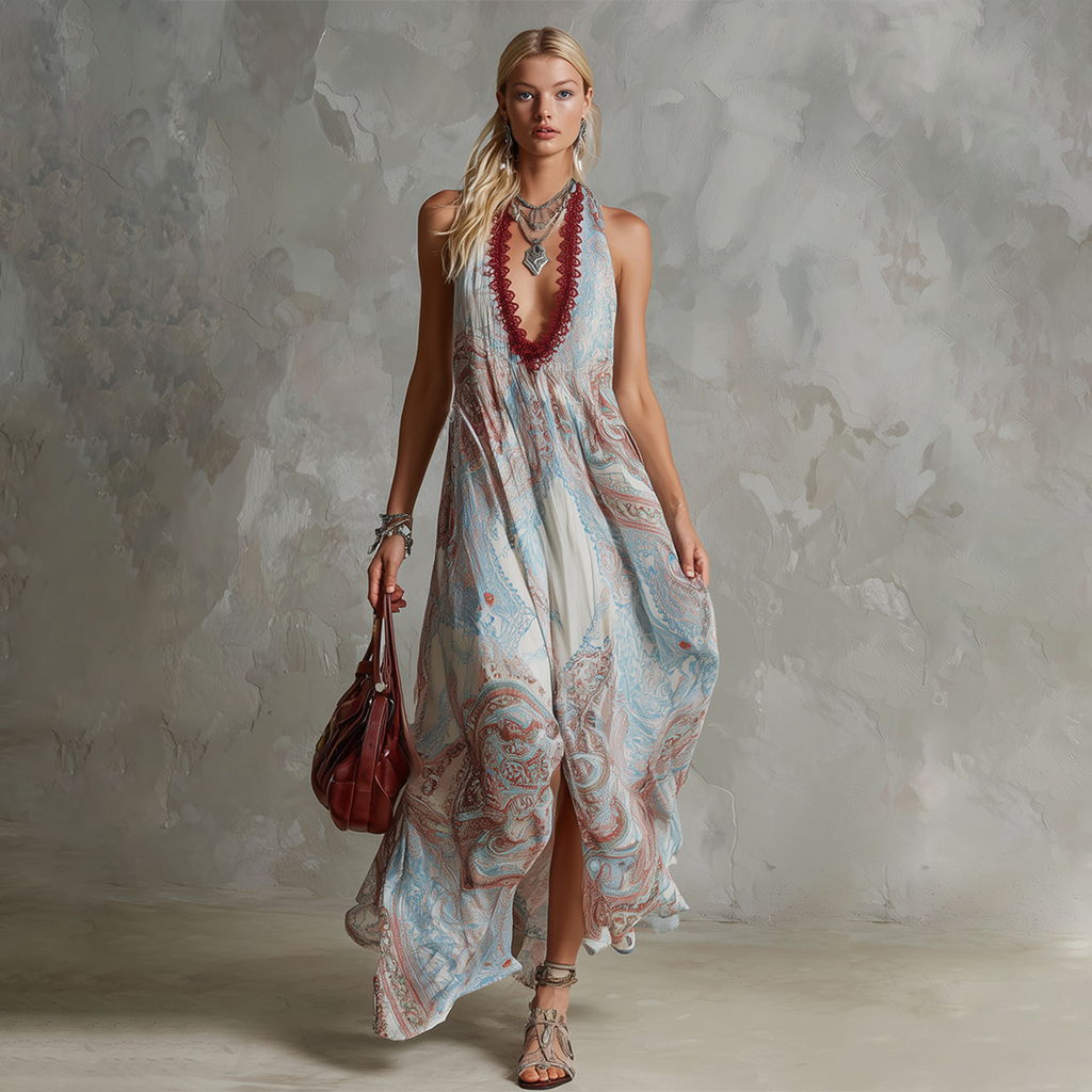 Spring Outfits Retro Ethnic Bohemian Contrast-Colour Blue Floral Chiffon Sleeveless Maxi Dress
