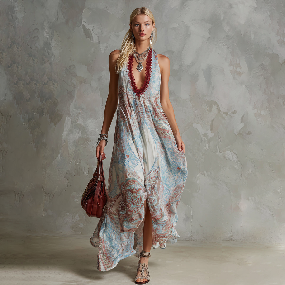 Spring Outfits Retro Ethnic Bohemian Contrast-Colour Blue Floral Chiffon Sleeveless Maxi Dress