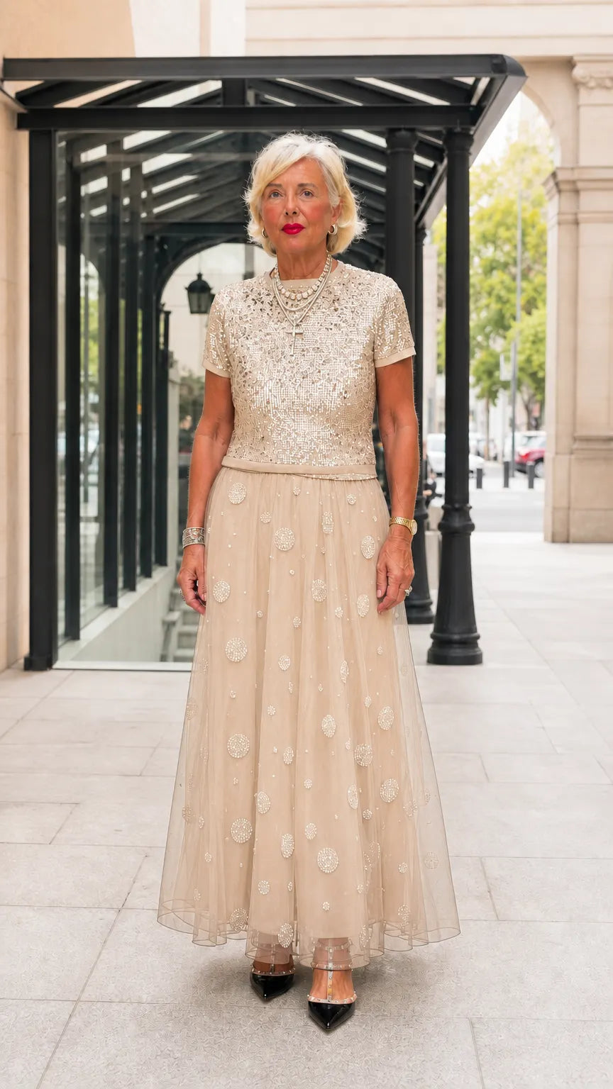 Sequined Short Sleeve Top and Embellished Tulle Maxi Skirt Evening Set