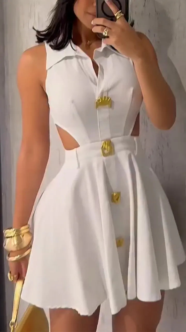 Ladies' Lapel Splicing Hollow Metal Button Temperament and Leisure Dress