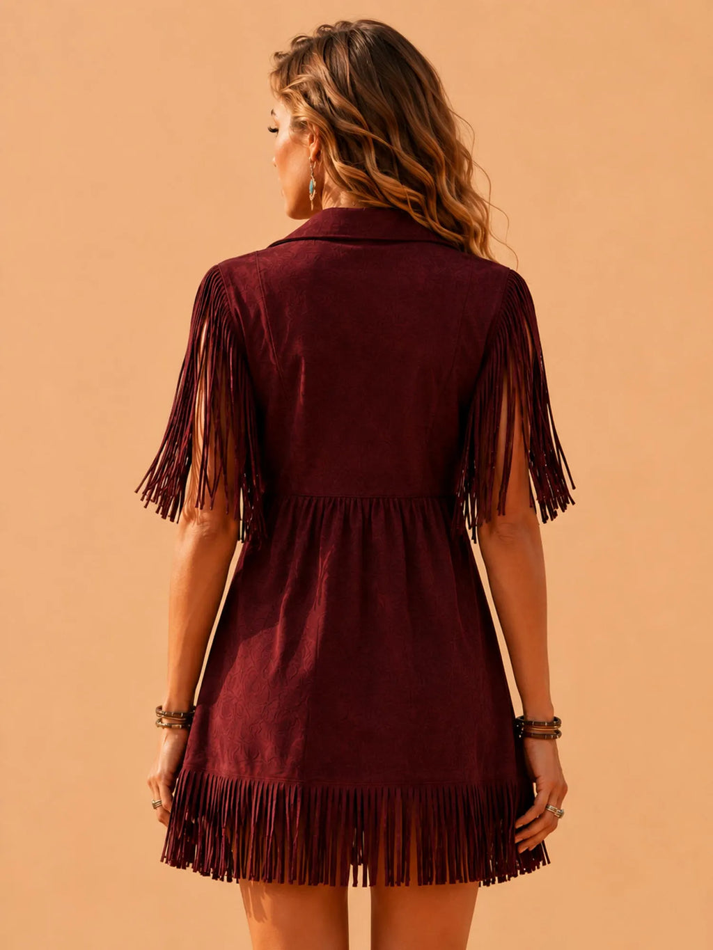 Ideal for 2026 Music Festivals Dress— Burgundy Vintage Embroidered Kinetic Fringe Suede-Feel Women's Slim-Fit Mini Dress