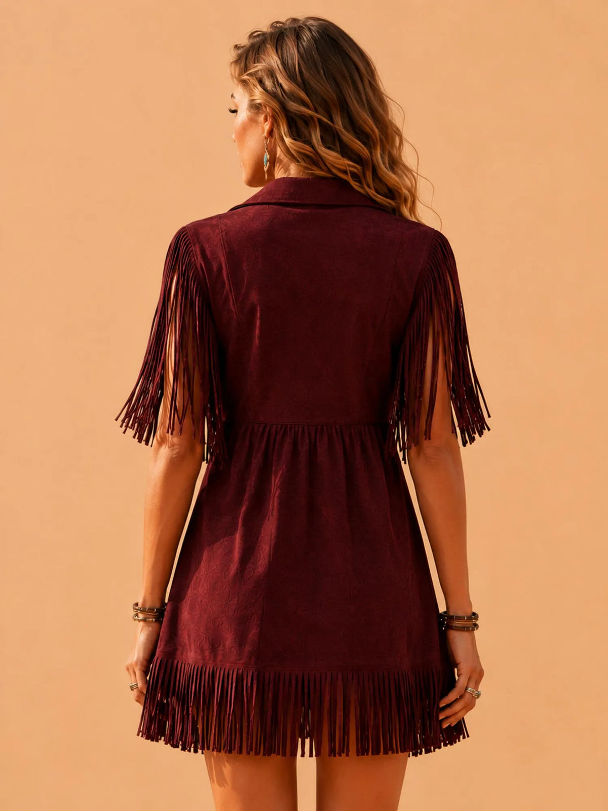 Ideal for 2026 Music Festivals Dress— Burgundy Vintage Embroidered Kinetic Fringe Suede-Feel Women's Slim-Fit Mini Dress