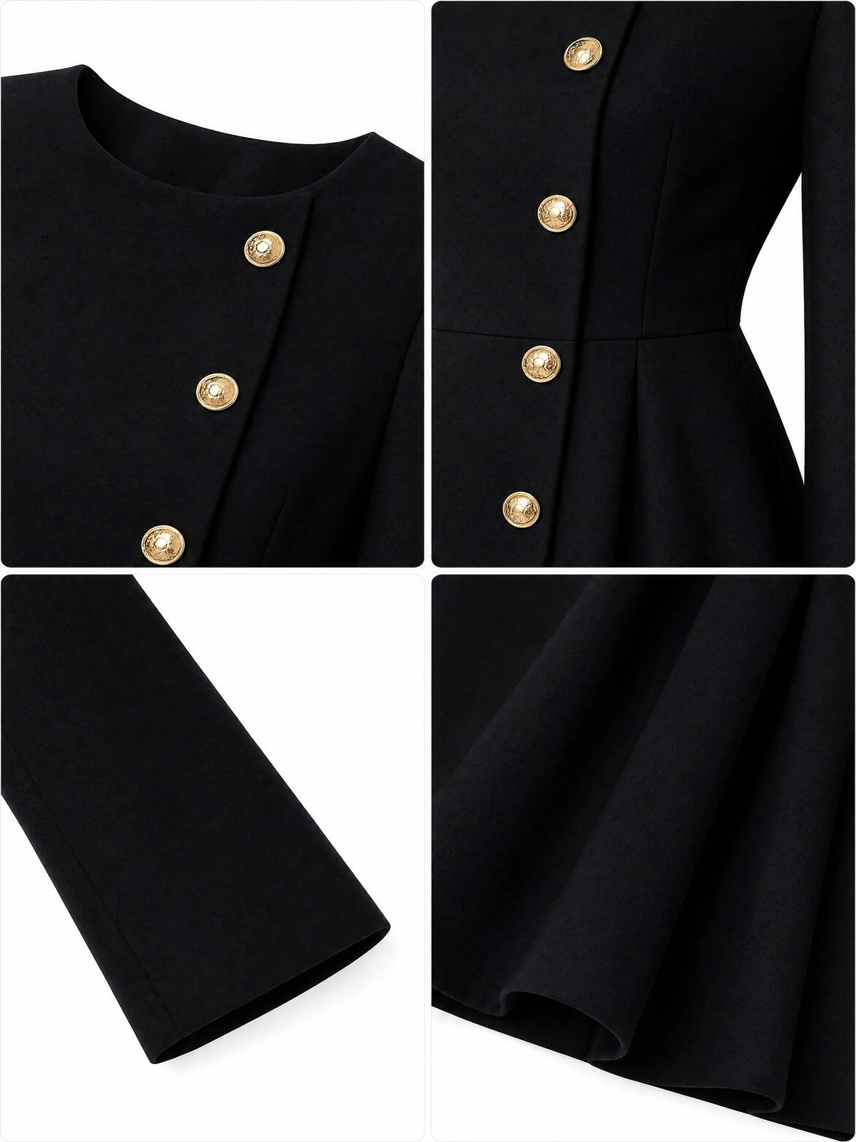 Vintage Gold Button Midi A‑Line Coat