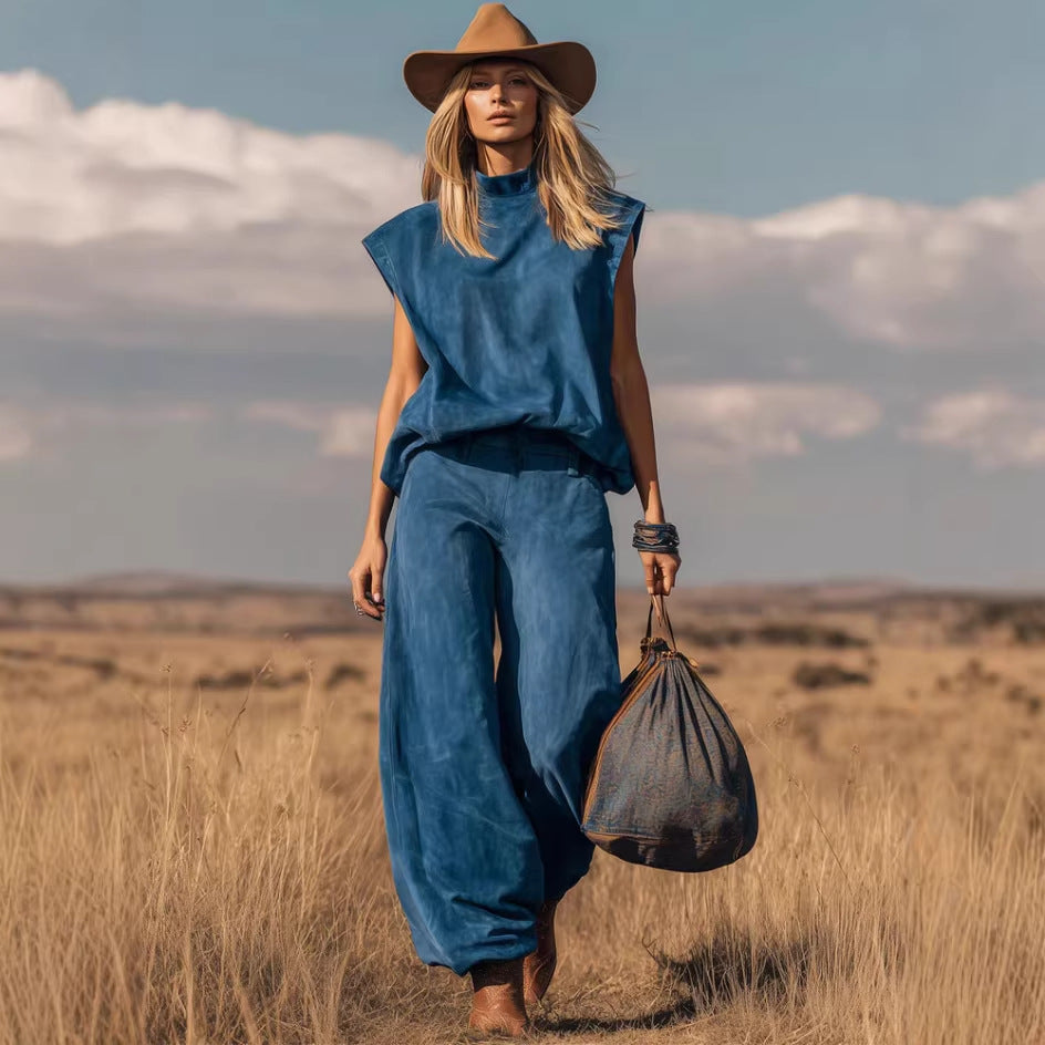 Cotton Denim Sleeveless High Neck Top & Wide Leg Pants Set - Boho Western Style Outfit For Women