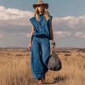 Cotton Denim Sleeveless High Neck Top & Wide Leg Pants Set - Boho Western Style Outfit For Women