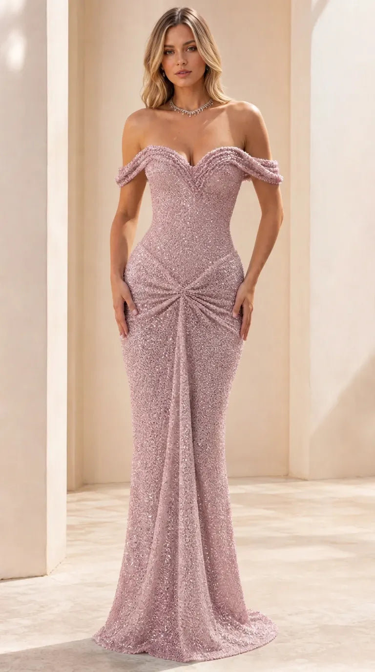 Off-the-Shoulder Sweetheart Ruched Sequin Evening Gown