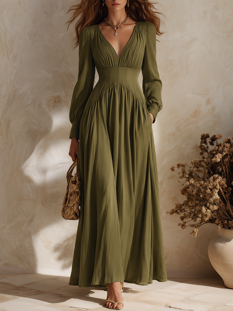Resort-style V-neck Pleated Long-sleeved A-line Maxi Dress