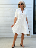 Loose Solid Color Lapel Casual Short-sleeved Cotton and Linen Dress