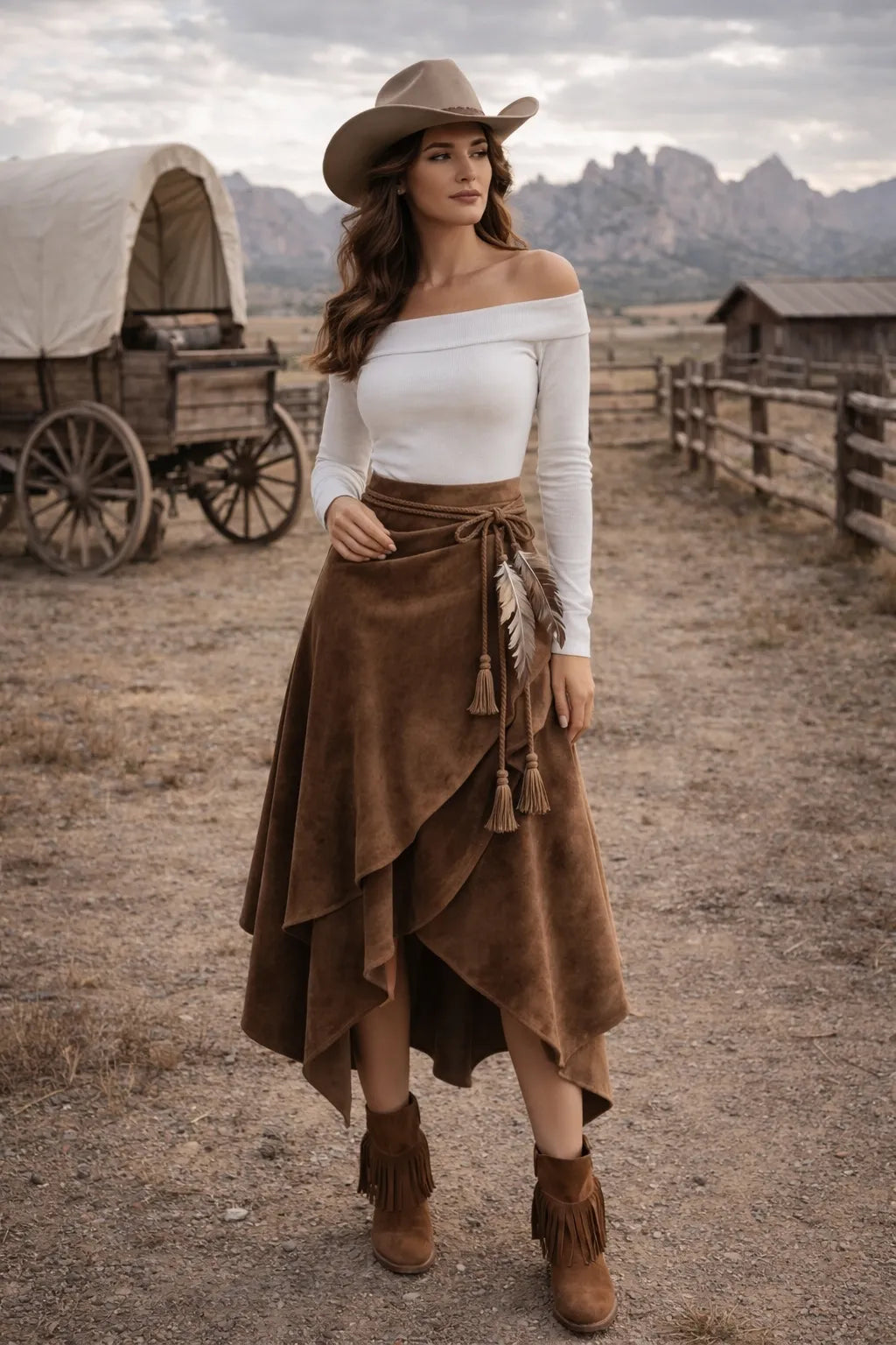 Retro Western Style Irregular Design Suede Skirt