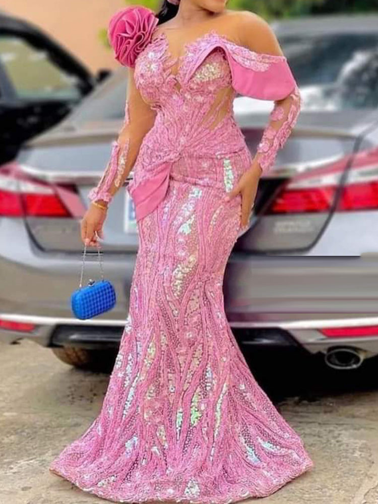 Round-Neck Floral Printed Split-Joint Applique Shiny Maxi Dress