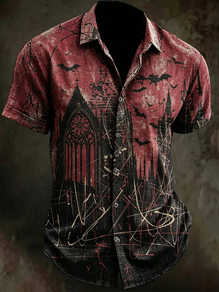 Men's Gothic Halloween Abstract Art Line Pattern Short-sleeve Shirt