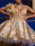 Stylish Bandeau Floral Printed Backless Feathers A-Line Mini Dress