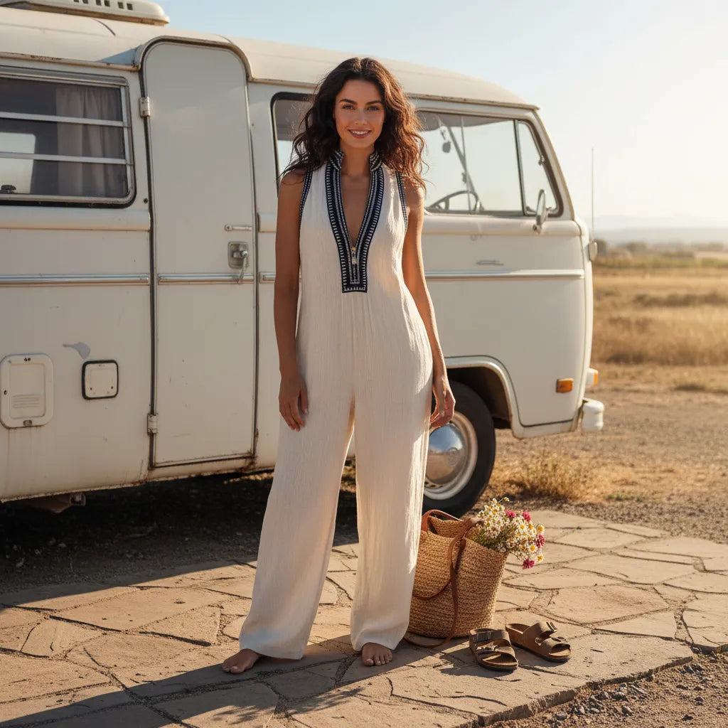 Linen Sleeveless Jumpsuit With Embroidered V-Neck And Wide Leg Design For Women