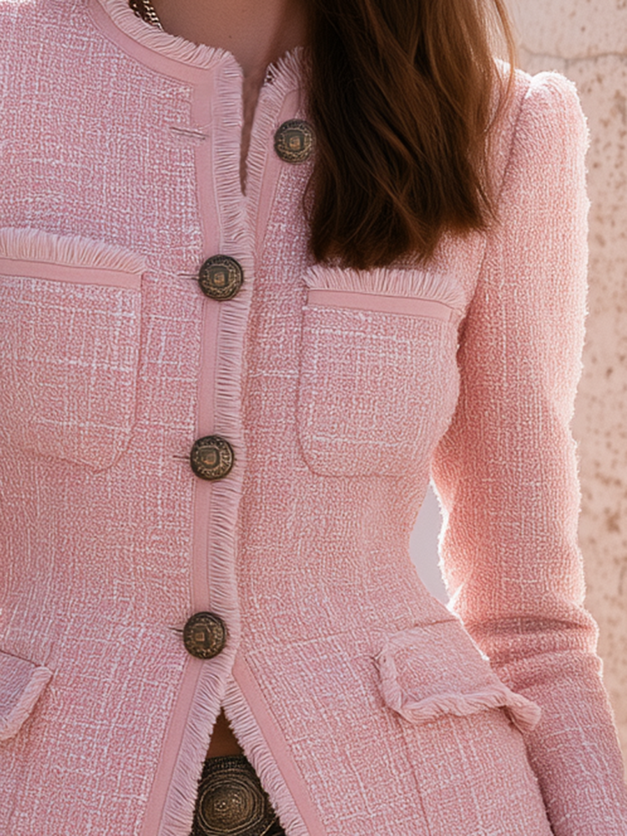 Blush Pink Tweed Fringe Trim Antique Gold Button Collarless Four Pocket Slim Fit Cropped Holiday Jacket