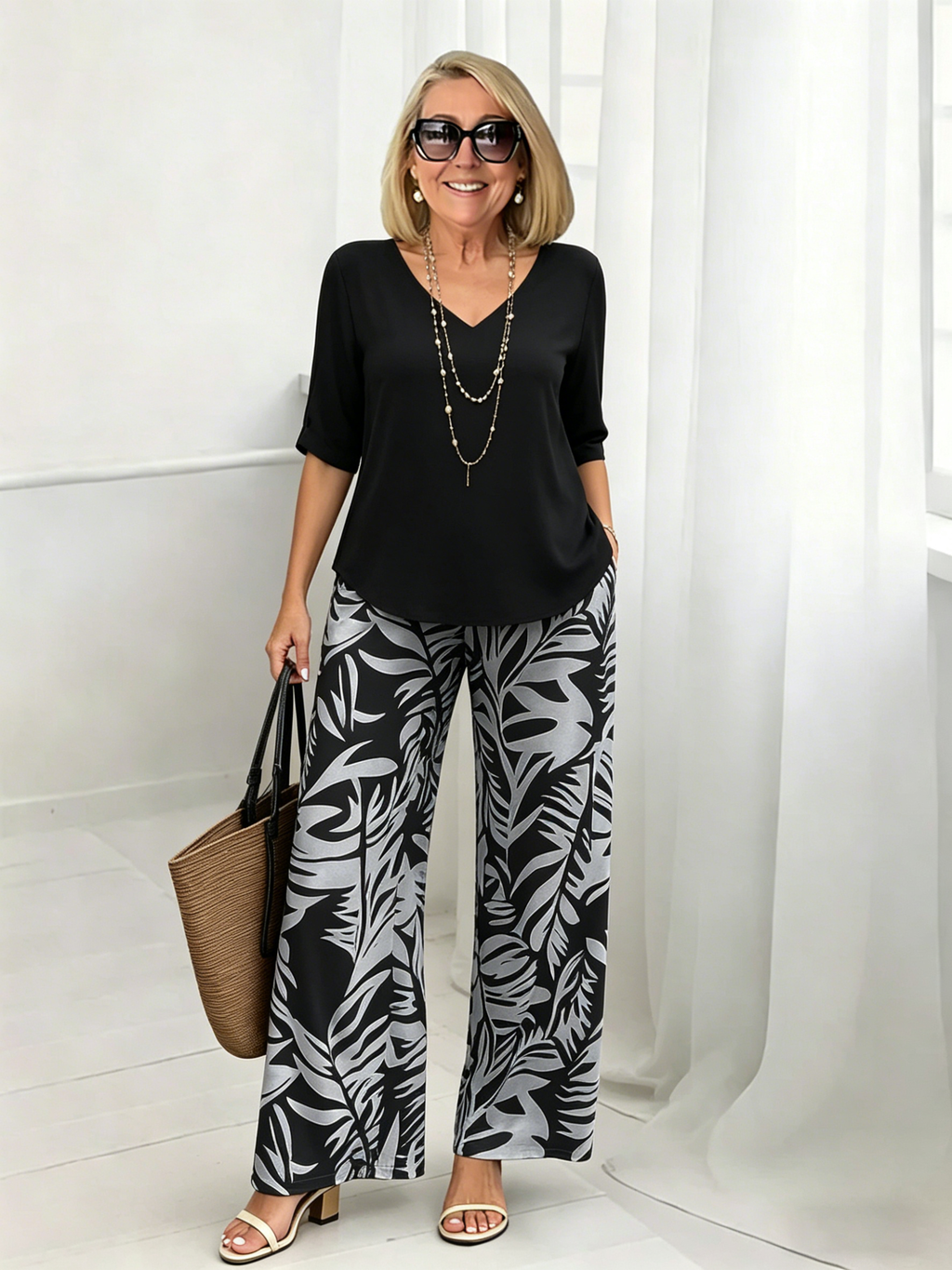 2Pcs Vacation Casual V-neck Long-sleeved Trousers Digital Printing Women's Suit