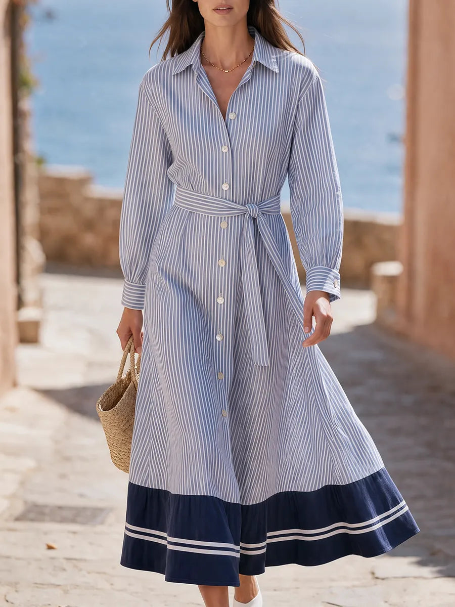 Nautical Blue And White Striped Long Sleeve Button Front Belted Waist Contrast Navy Border Hem Flowy Cotton Poplin Shirt Midi Dress