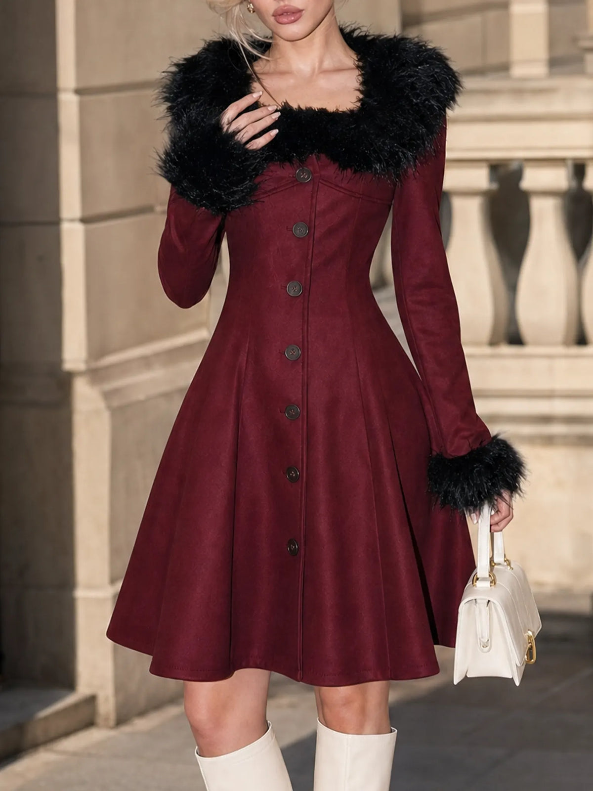 Vintage Wine Red Faux Fur Collar Cuff Long Sleeve A‑Line Midi Dress