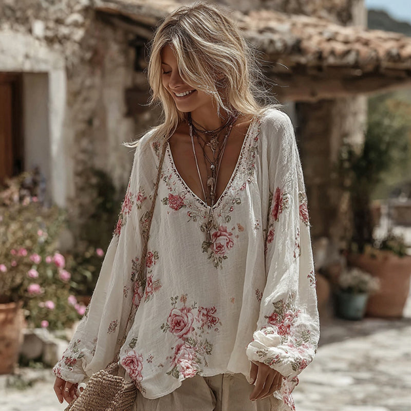 Retro Roses V-Neck Linen Tee – Lightweight, Everyday Value