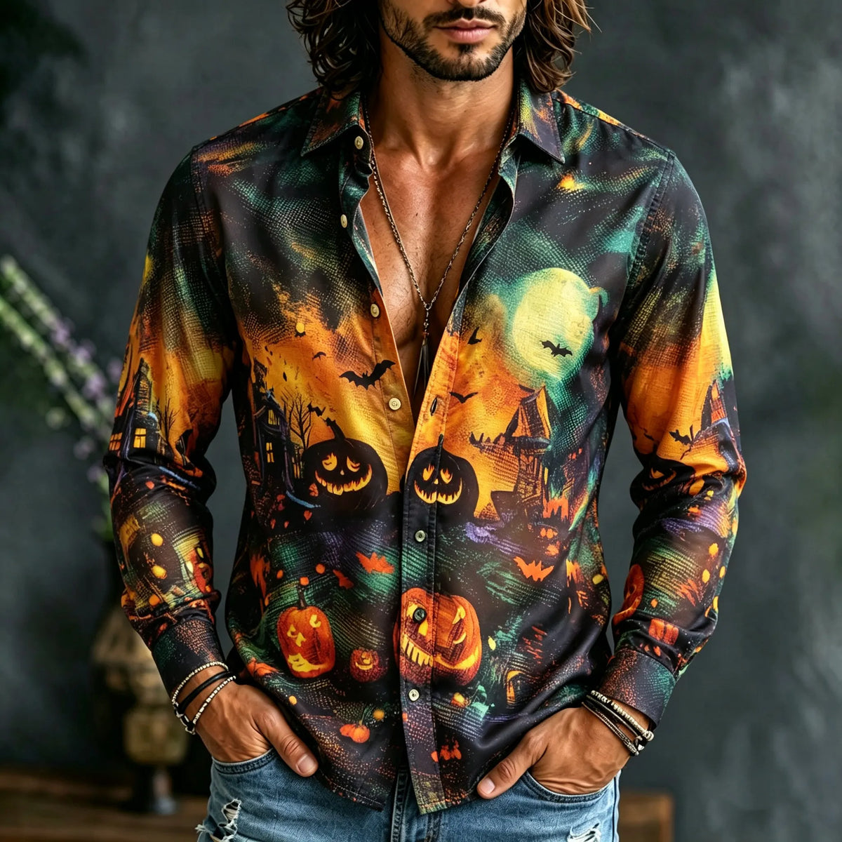 Men's Retro Halloween Pumpkin Bat Castle Print Long-sleeve Shirt