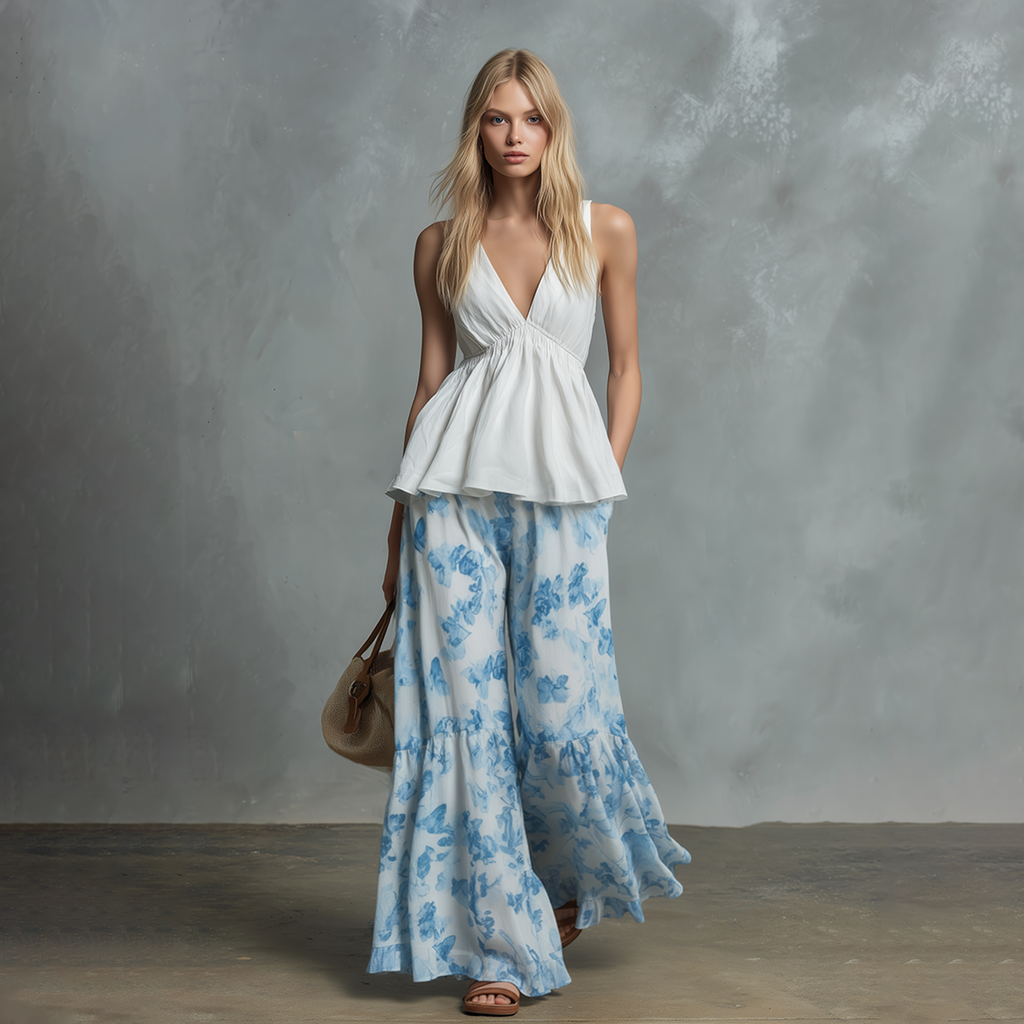 Western-style Vintage Chic Off-white Ruffled Sleeveless Chiffon Top And Striped Trousers Ensemble