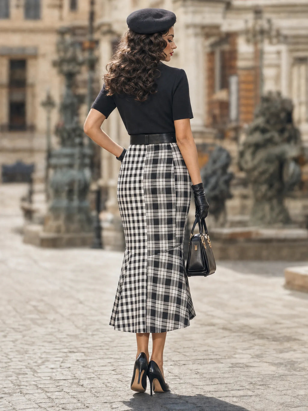 Vintage Contrast Lapel Black White Gingham Mermaid Midi Dress