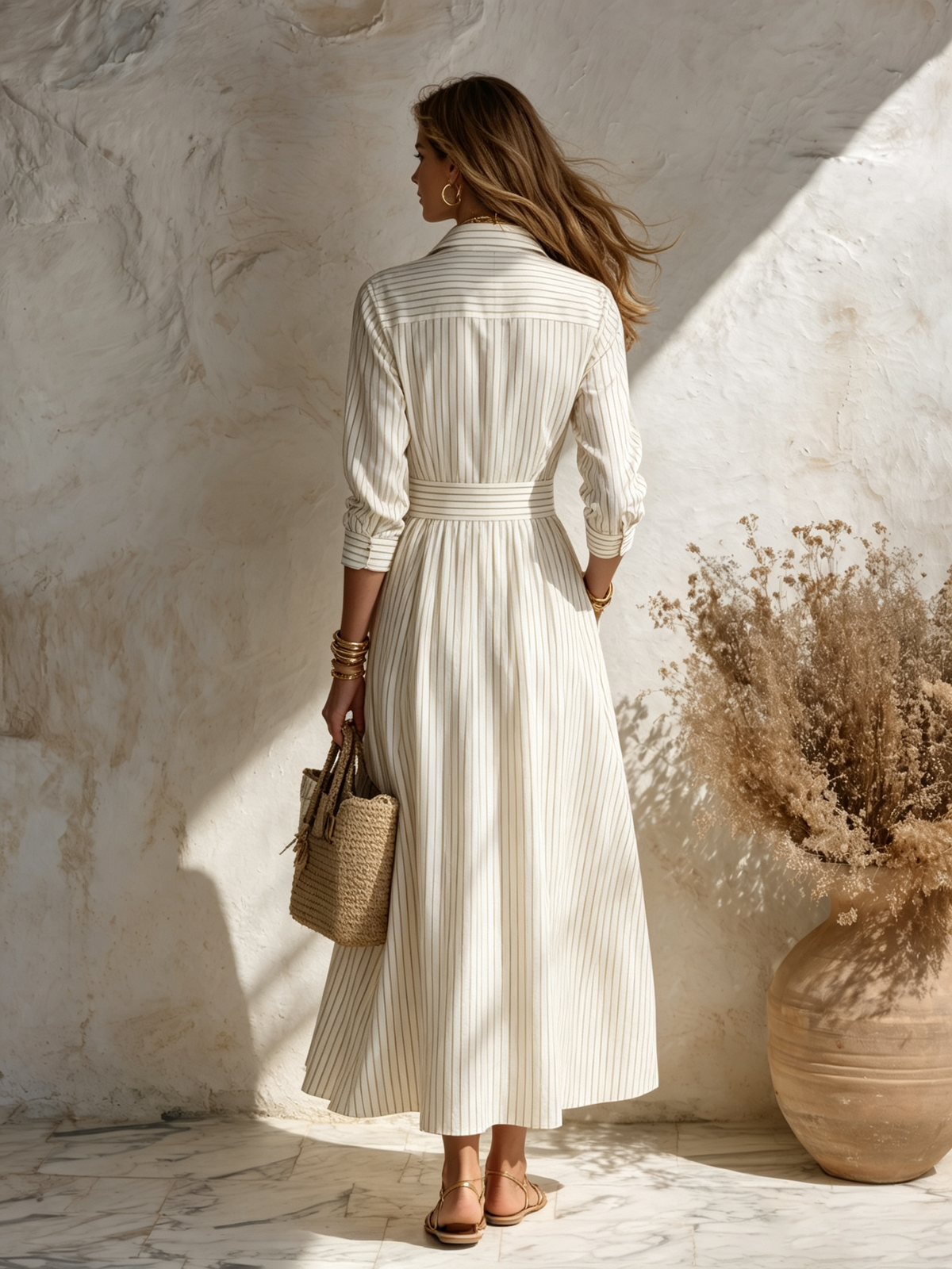 Resort-style Long-sleeve Striped Collared Midi Dress
