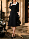 Elegant Black Contrast White Scoop-Collar Midi Dress
