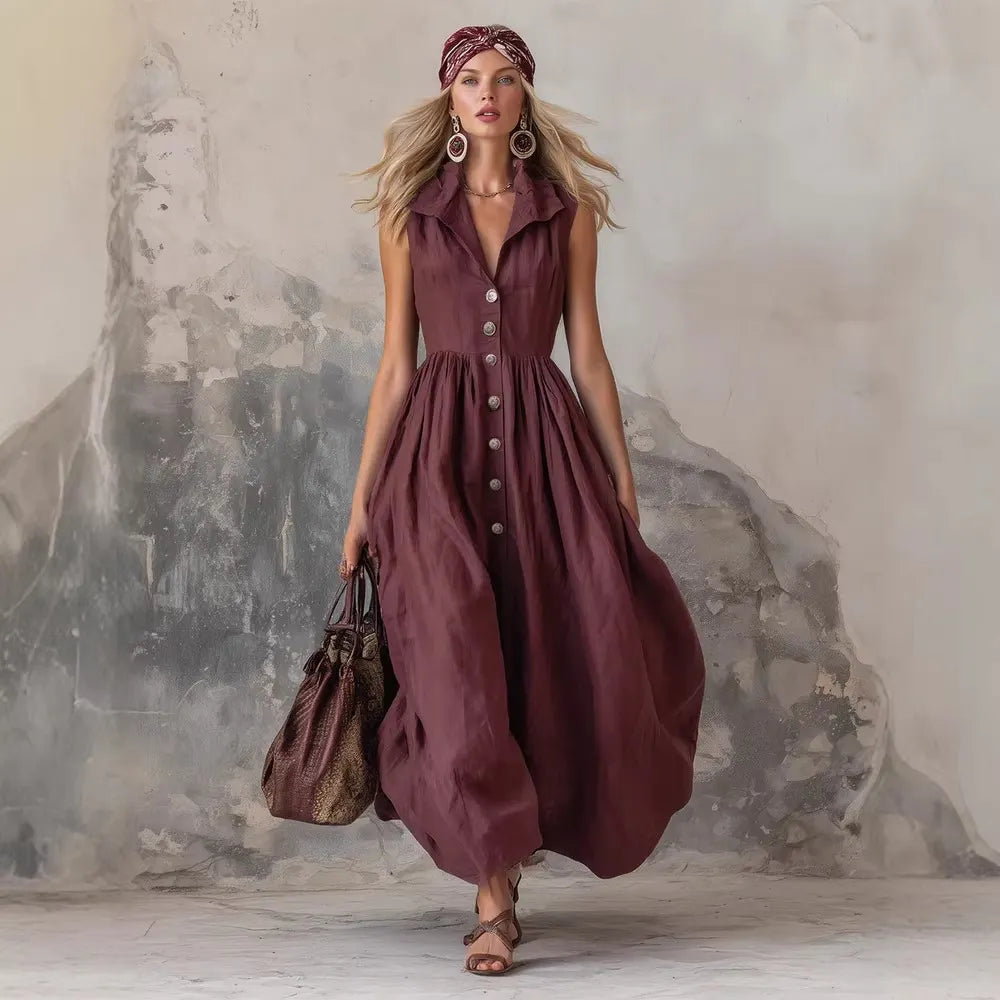 Linen Sleeveless Button-Down Midi Dress For Women - Boho Maxi Dress With Collar And Side Pockets