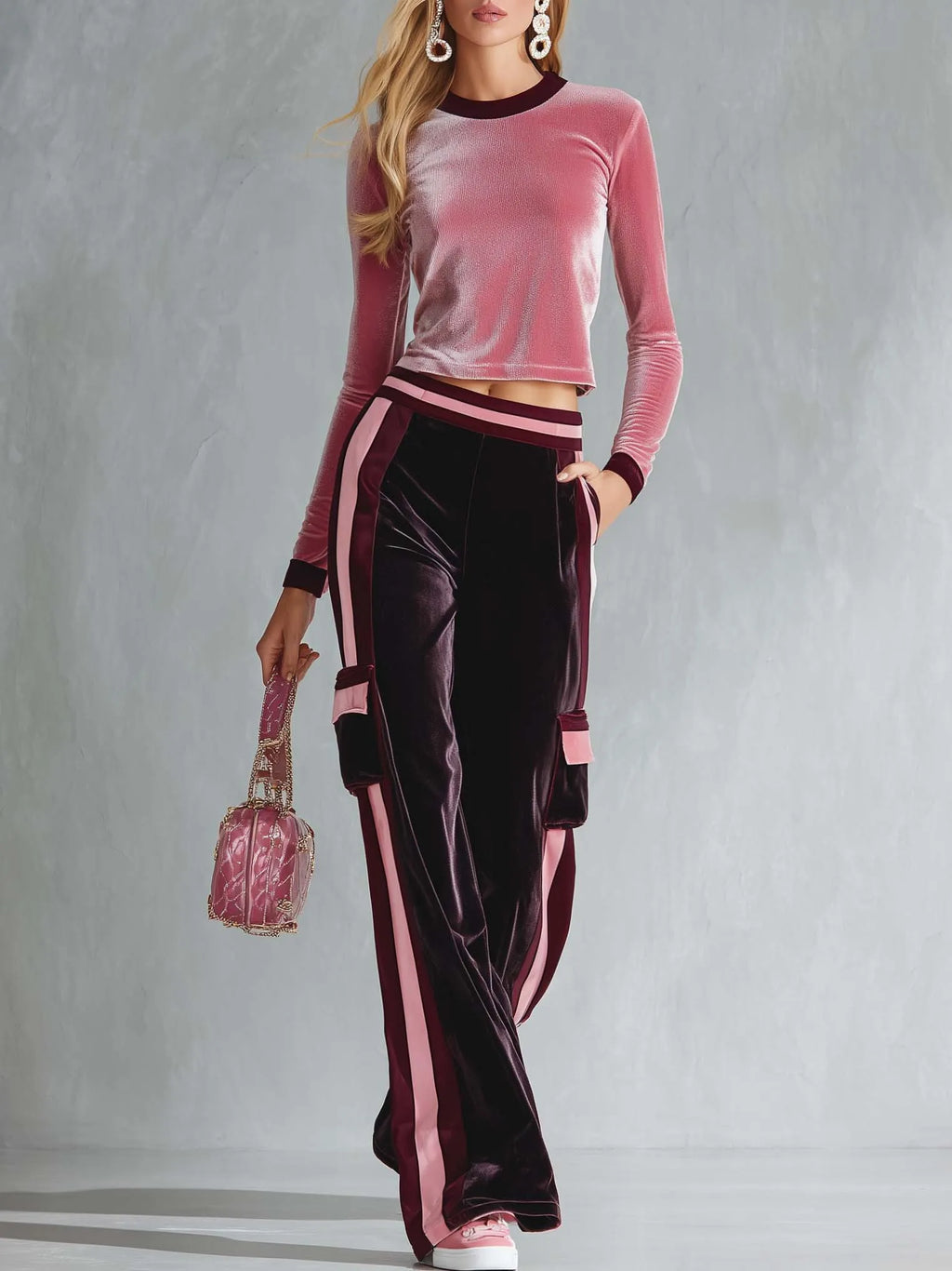 Retro Sporty Pink Velour Crop Top Striped Cargo Track Pants Set