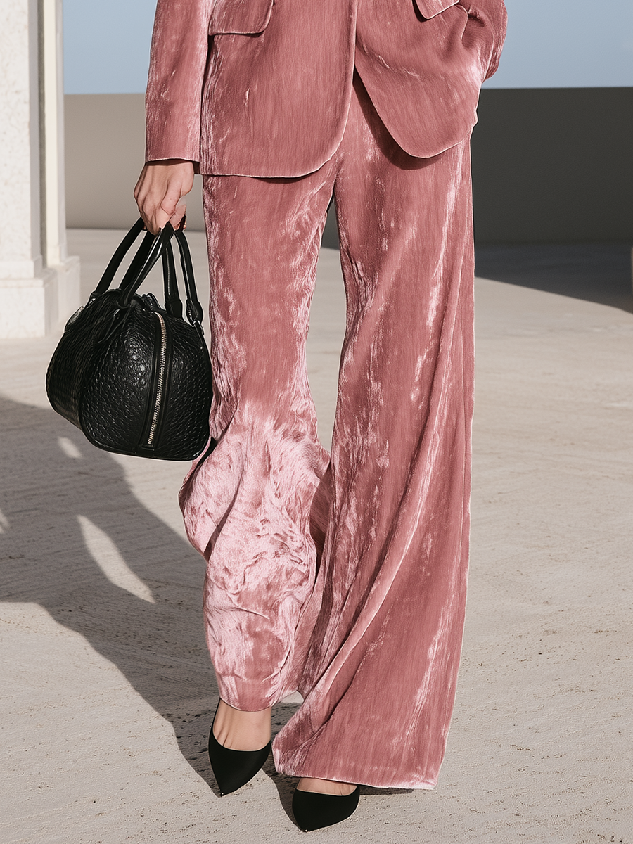 Retro-chic Shawl-collar Blazer And Wide-leg Trousers Pink Velvet Set
