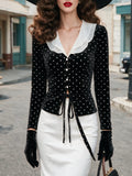Vintage Black Polka-Dot White-Collar Velvet Peplum Blouse