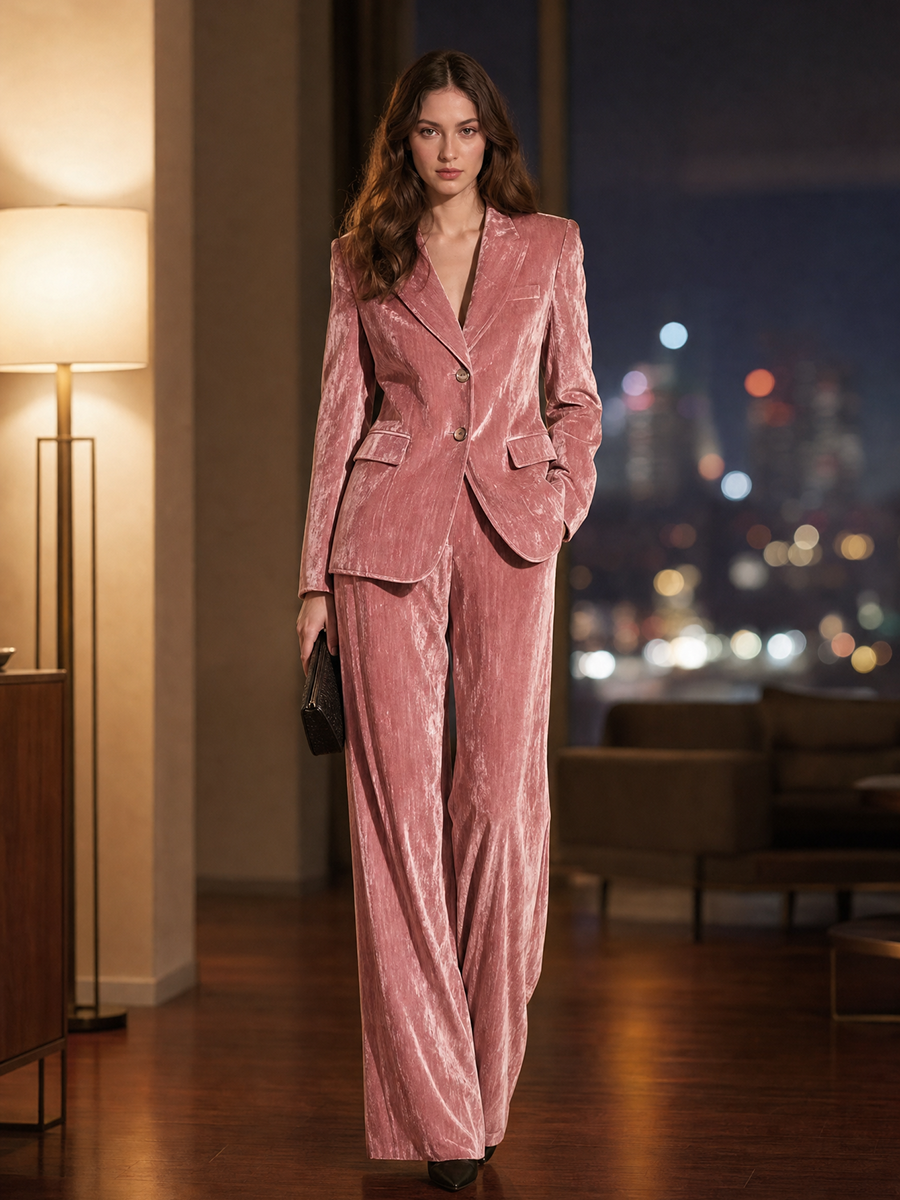 Retro-chic Shawl-collar Blazer And Wide-leg Trousers Pink Velvet Set
