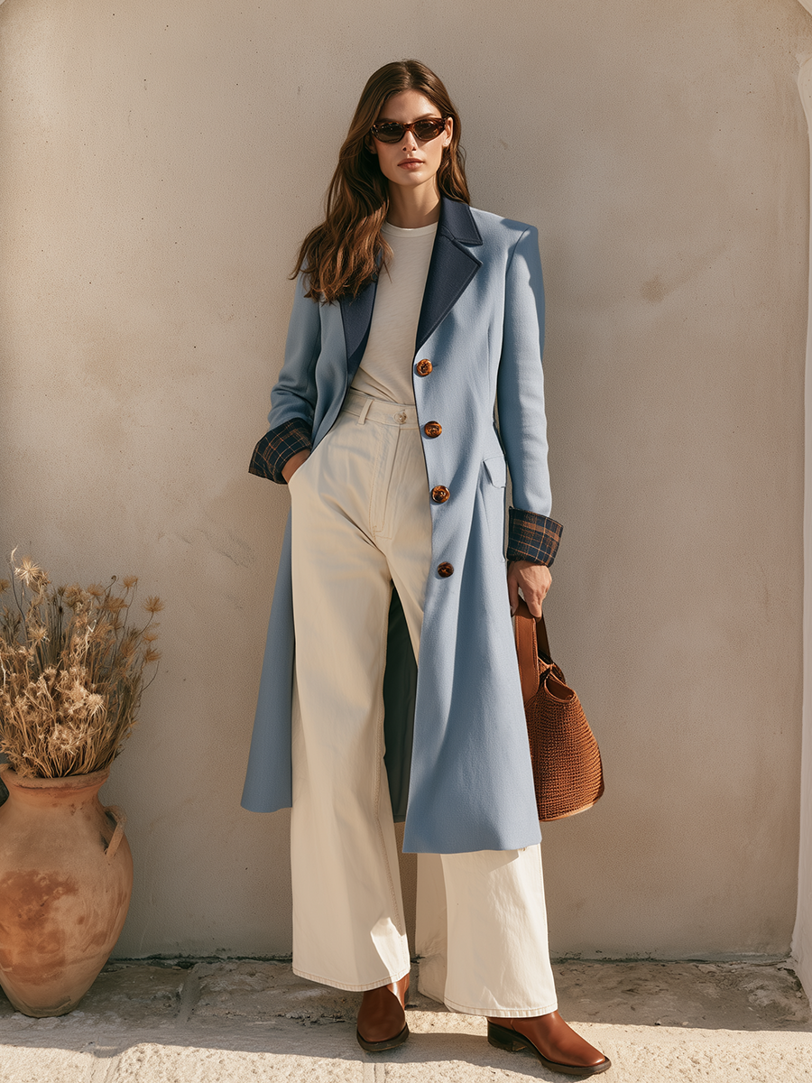 Casual Old Money Color-Block Collar Light Blue Mid-Length Coat