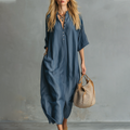 Retro Blue Tencel Short-Sleeved Maxi Dress